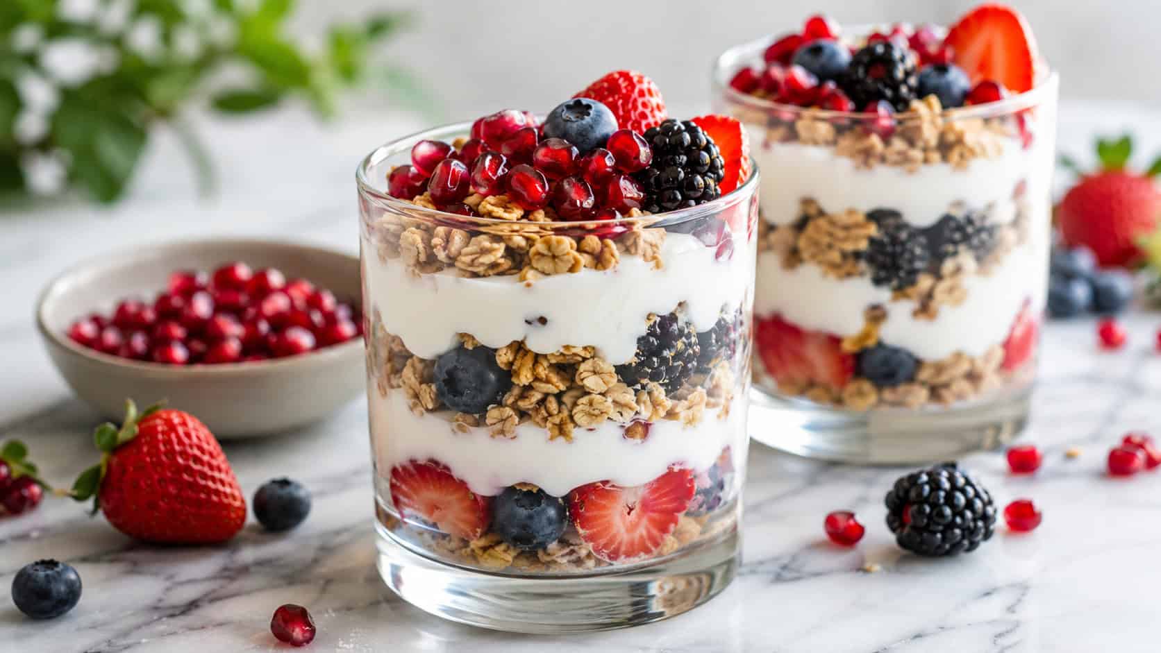 two glass parfaits with creamy white yogurt layered between colorful berries and golden granola, topped with ruby pomegranate seeds, shown in a wide horizontal shot on a marble surface with scattered berries, bright natural light, shallow depth of field, landscape orientation