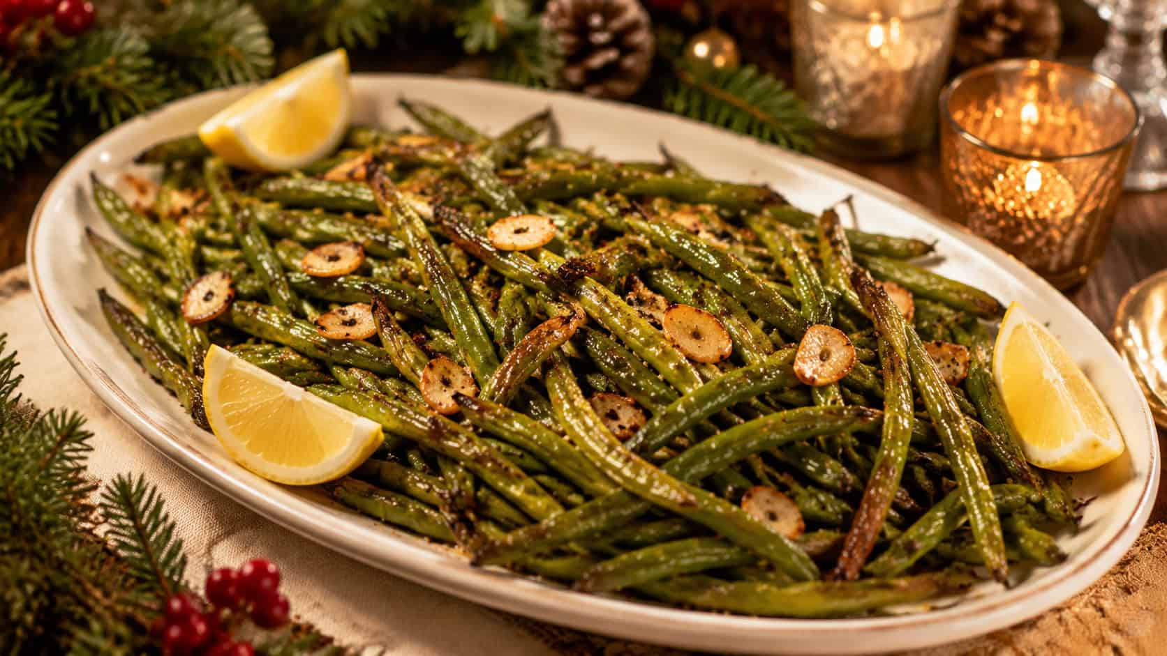 blistered roasted green beans with golden slivers of garlic and a squeeze of lemon, shown in a wide horizontal shot on a sheet pan or oval platter, on a holiday table with greenery, warm natural light, shallow depth of field, landscape orientation
