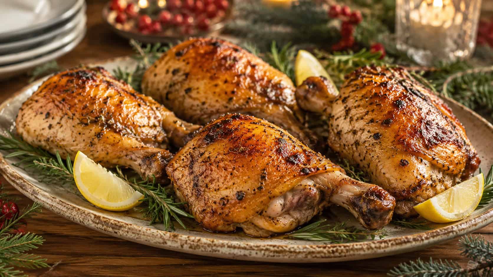 four golden roasted chicken legs with crispy herb-flecked skin, shown in a wide horizontal shot on a rustic platter with rosemary sprigs and lemon wedges, on a wooden holiday table, warm natural light, shallow depth of field, landscape orientation