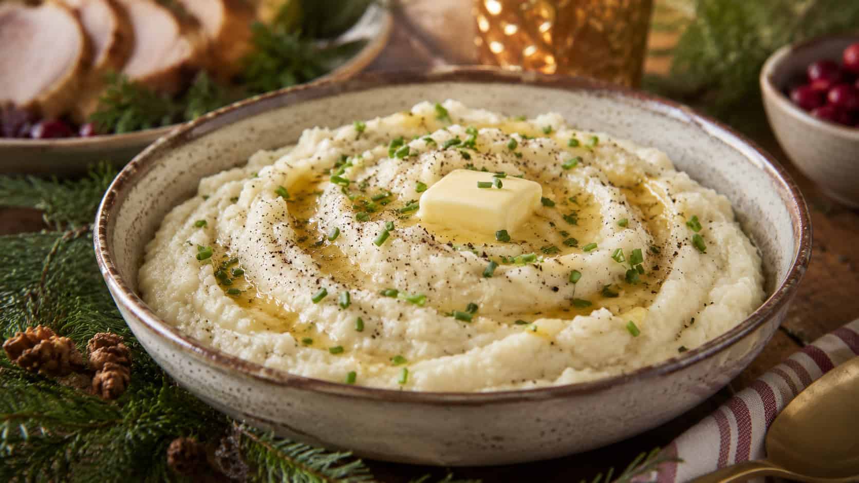 a bowl of fluffy whipped cauliflower mash swirled with a pat of melting butter and fresh chives, shown in a wide horizontal shot in a rustic stoneware bowl, on a holiday table with greenery, warm natural light, shallow depth of field, landscape orientation