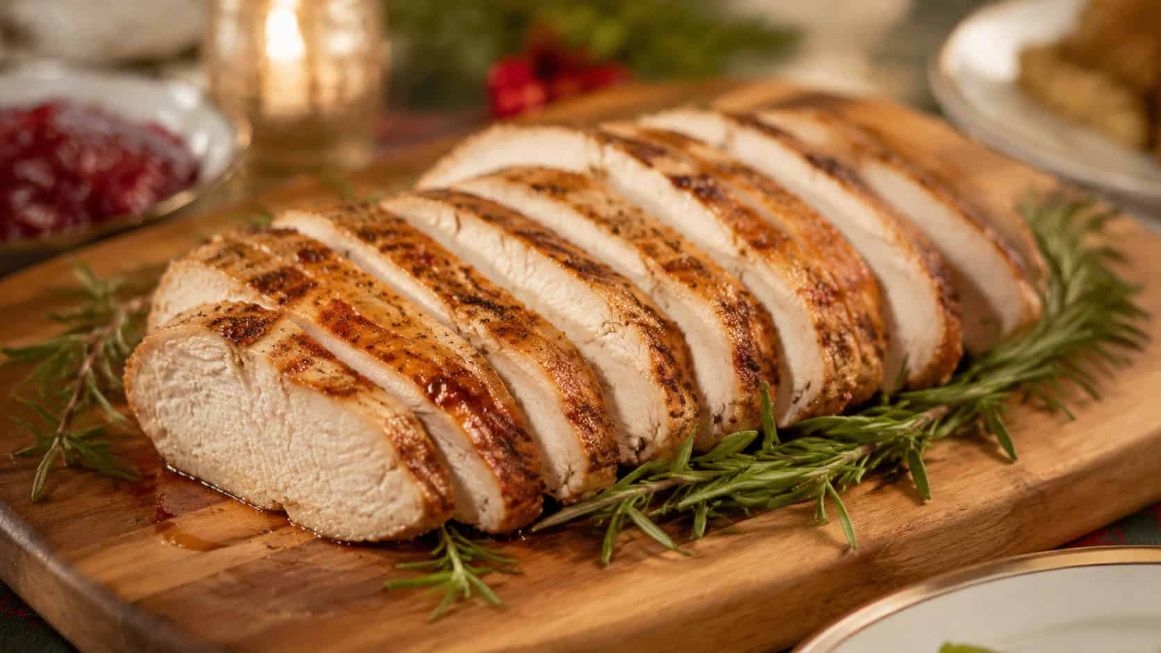 a sliced grilled turkey breast with golden grill marks and juicy interior, fanned out in a wide horizontal shot on a wooden carving board with rosemary sprigs, on a festive table, warm natural light, shallow depth of field, landscape orientation