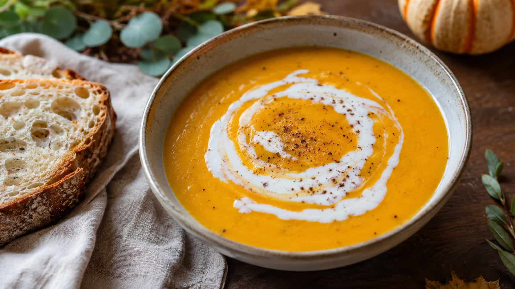 a creamy orange pumpkin soup with a swirl of coconut milk and a sprinkle of nutmeg, shown in a wide horizontal shot in a rustic bowl with crusty bread beside, on a wooden table with autumn greenery, warm natural light, shallow depth of field, landscape orientation