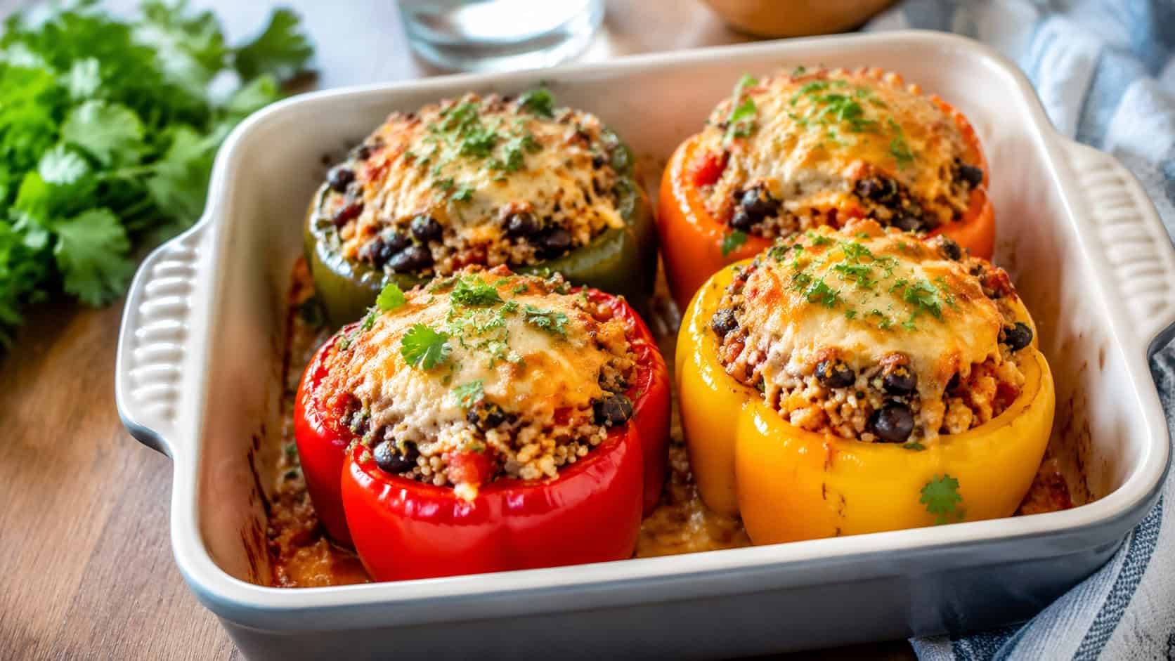 four colorful stuffed bell peppers overflowing with quinoa and beans, topped with melted golden cheese, shown in a wide horizontal shot in a ceramic baking dish with fresh cilantro, on a kitchen table, bright natural light, shallow depth of field, landscape orientation