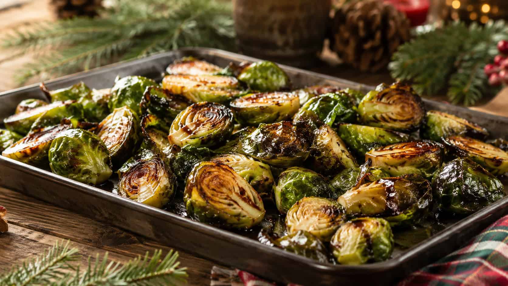 caramelized halved Brussels sprouts with crispy browned edges glistening with balsamic glaze, shown in a wide horizontal shot on a sheet pan or rustic platter, on a wooden table with holiday greenery, warm natural light, shallow depth of field, landscape orientation
