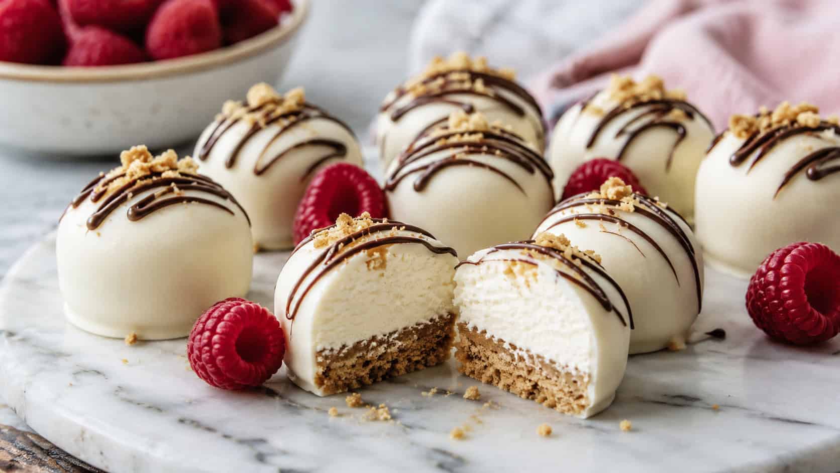 white chocolate-dipped no-bake cheesecake bites with a graham crust layer, in a wide horizontal shot arranged on a marble board with a few fresh raspberries and a drizzle of chocolate, bright natural light, shallow depth of field, landscape orientation