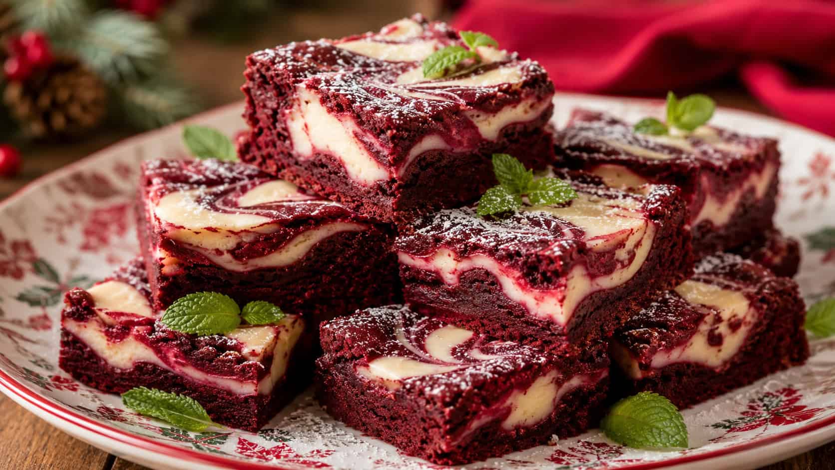 deep-red velvet brownies marbled with a swirl of creamy white cream cheese, in a wide horizontal shot stacked on a festive plate with a dusting of powdered sugar and a few mint leaves, warm natural light, shallow depth of field, landscape orientation