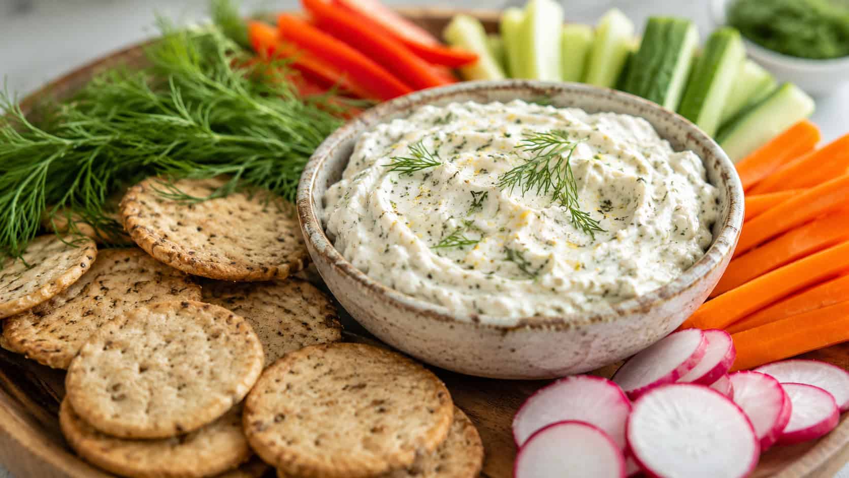a creamy herb-flecked cream cheese dip in a rustic bowl surrounded by crackers and colorful vegetable sticks, in a wide horizontal shot on a wooden grazing board with sprigs of fresh dill, bright natural light, shallow depth of field, landscape orientation