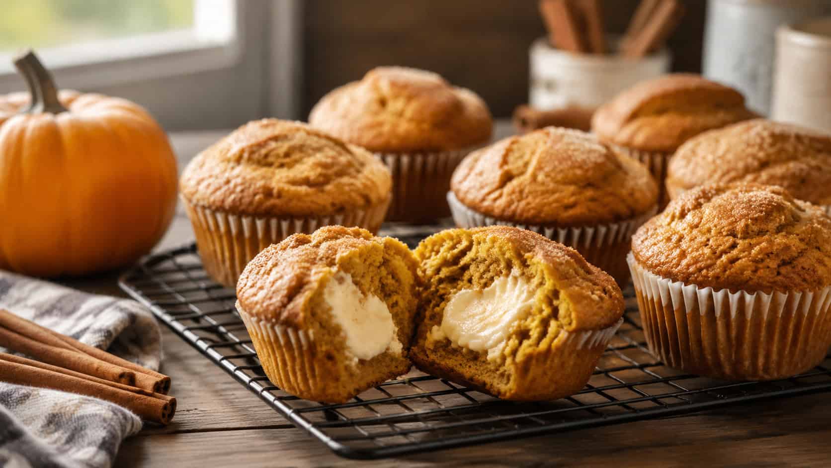 golden pumpkin muffins with one split open to reveal a creamy cream cheese center, in a wide horizontal shot on a wire rack over a wooden table with cinnamon sticks and a small pumpkin, warm natural light, shallow depth of field, landscape orientation