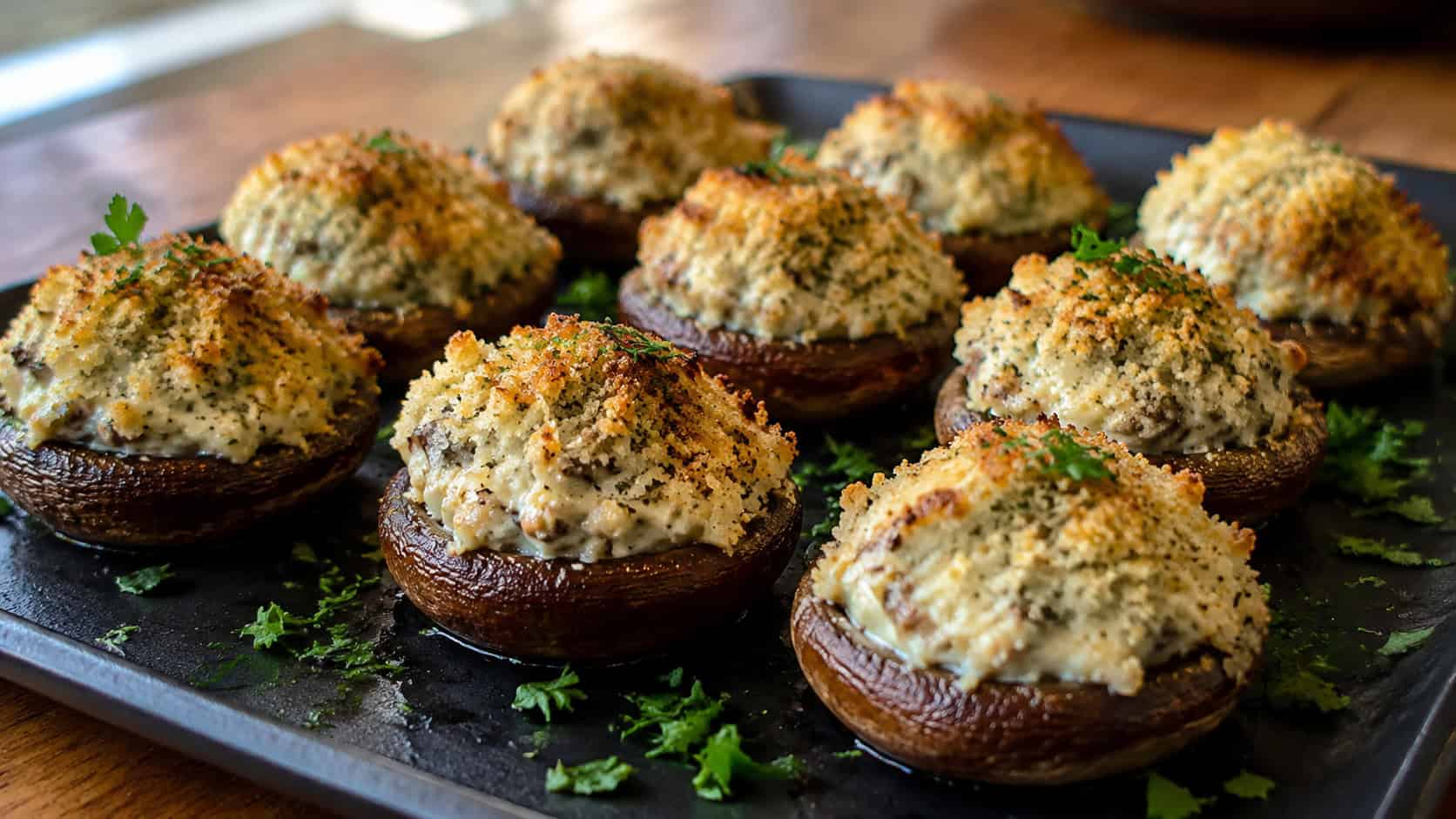 golden baked mushroom caps filled with bubbly cream cheese stuffing and crisp breadcrumb tops, in a wide horizontal shot on a dark serving platter garnished with fresh parsley, warm natural light, shallow depth of field, landscape orientation