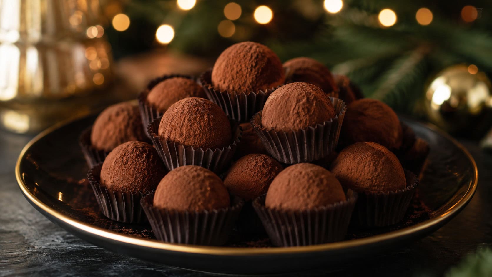 dark chocolate cream cheese truffles dusted in cocoa powder, in a wide horizontal shot piled in mini paper cups on an elegant dark plate with a gold rim and soft holiday bokeh behind, moody natural light, shallow depth of field, landscape orientation
