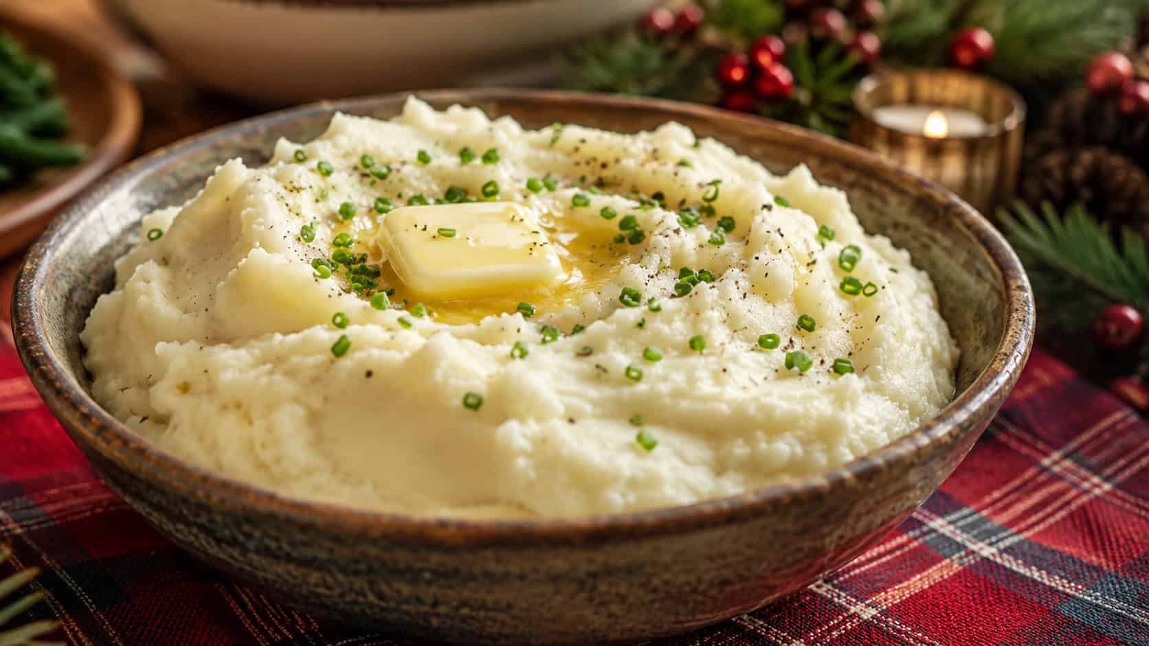 a bowl of fluffy whipped mashed potatoes with a pat of melting butter and a sprinkle of chives, in a wide horizontal shot in a rustic ceramic bowl on a festive holiday table, warm natural light, shallow depth of field, landscape orientation