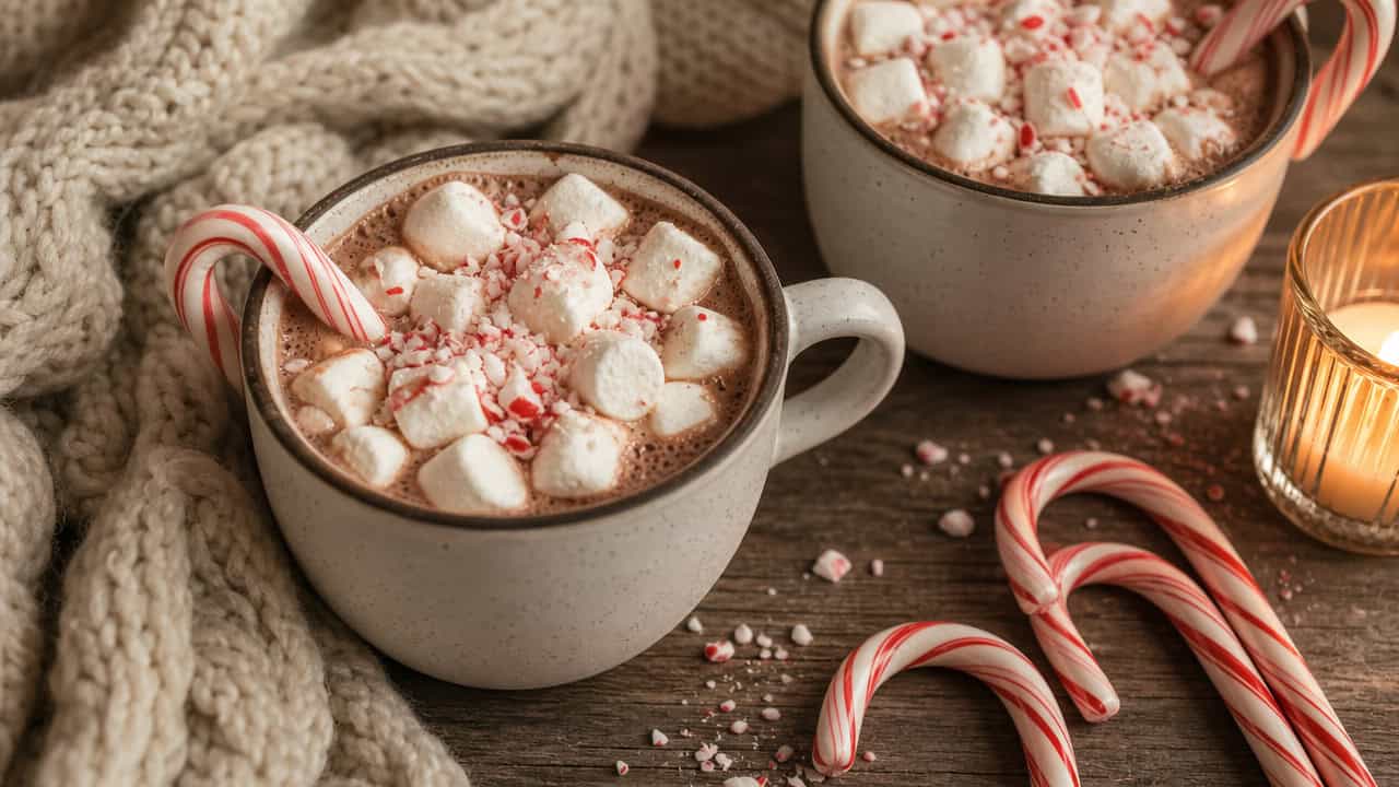 mugs of candy cane hot cocoa topped with marshmallows and crushed peppermint arranged in a wide horizontal shot on a cozy table, candy canes and a knit blanket nearby, warm candlelight, shallow depth of field, landscape orientation