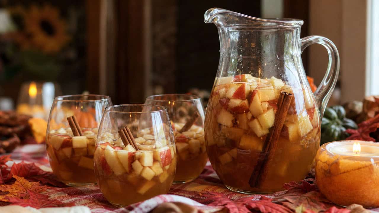 a pitcher and glasses of spiced apple sangria full of diced apples and cinnamon sticks arranged in a wide horizontal shot on a festive table, autumn leaves and candles nearby, warm natural light, shallow depth of field, landscape orientation