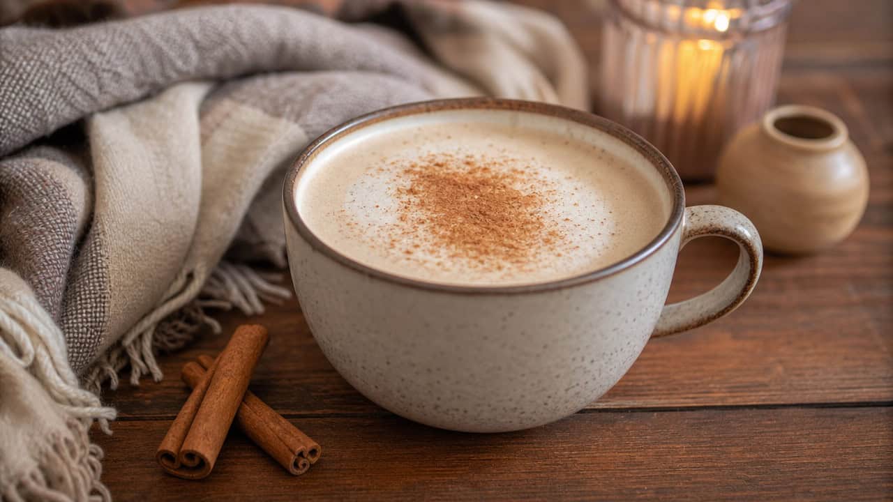 a vanilla chai latte with frothy milk and a dusting of cinnamon arranged in a wide horizontal shot on a wooden table, cinnamon sticks and a soft scarf nearby, warm cozy light, shallow depth of field, landscape orientation