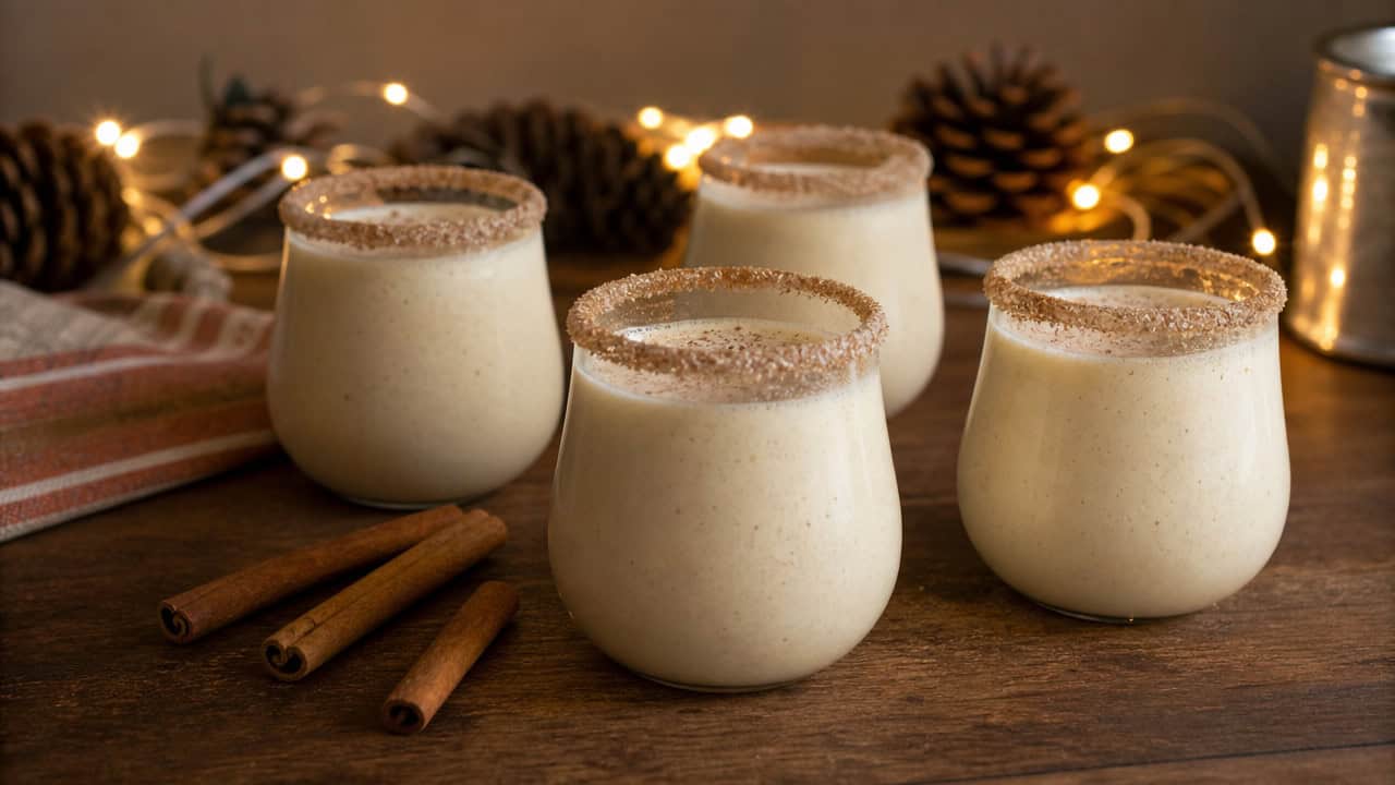 creamy cinnamon nog drinks with cinnamon sugar rims arranged in a wide horizontal shot on a cozy table, cinnamon sticks and warm string lights in the background, soft warm light, shallow depth of field, landscape orientation