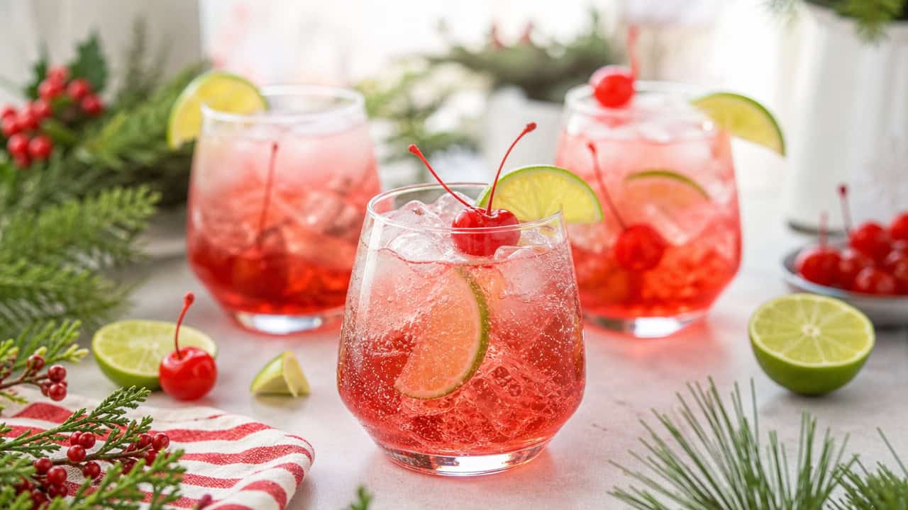 bubbly cherry spritzers garnished with maraschino cherries and lime slices arranged in a wide horizontal shot on a bright table, festive greenery and soft daylight, shallow depth of field, landscape orientation