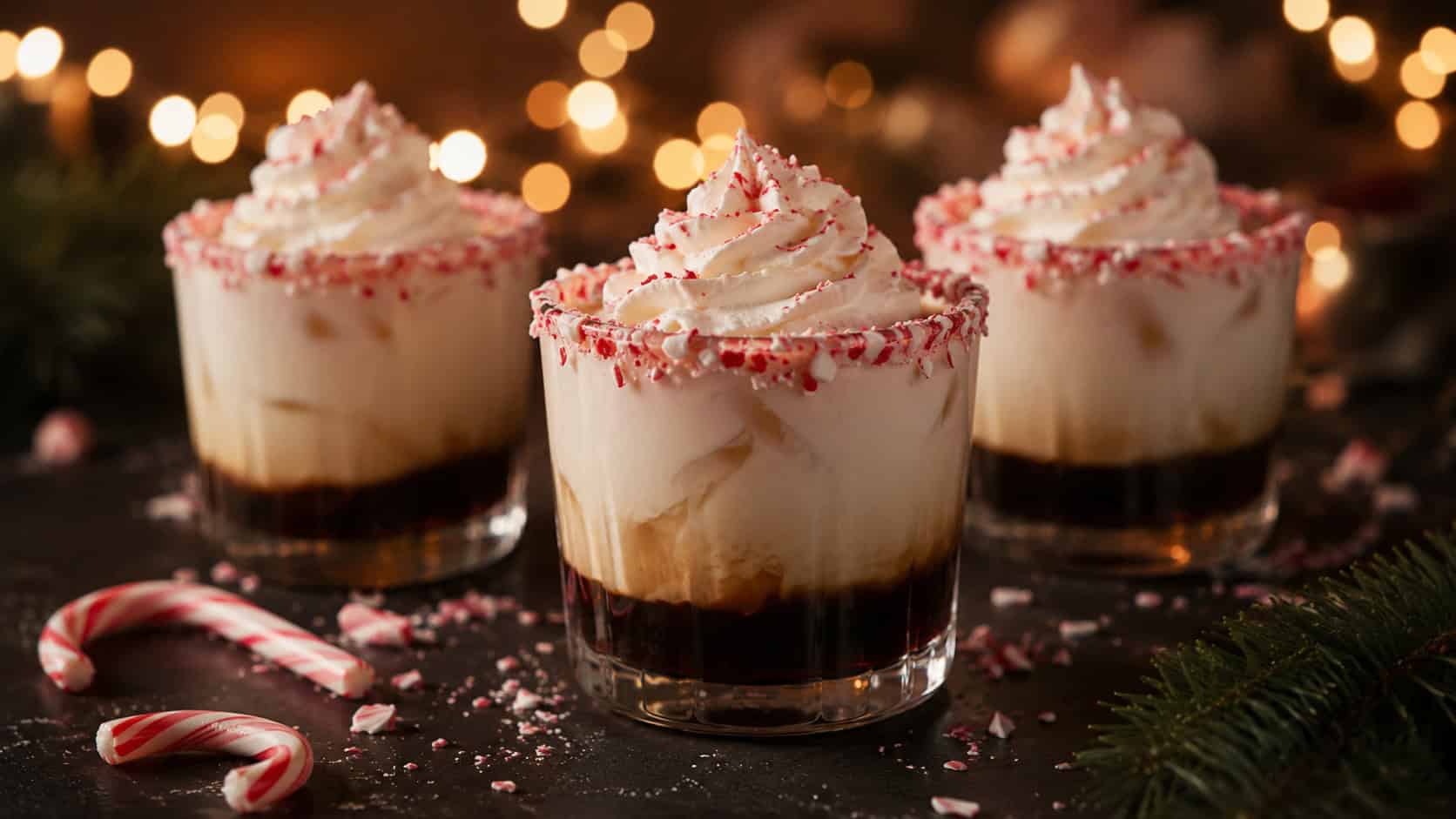 layered peppermint White Russian cocktails with candy cane rims and a swirl of cream arranged in a wide horizontal shot on a dark table, soft holiday lights glowing behind, moody warm light, shallow depth of field, landscape orientation