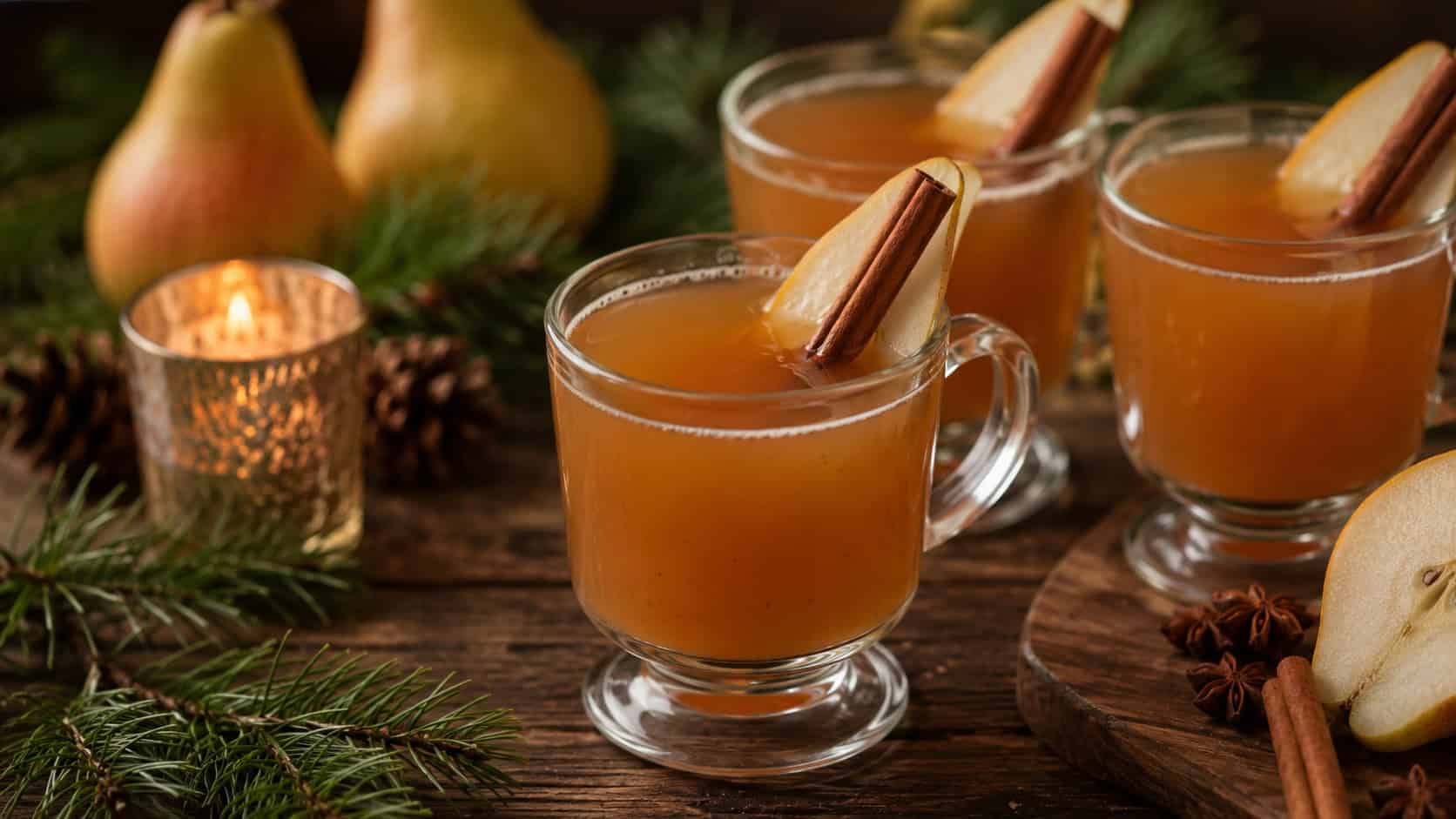 spiced pear punch in glass mugs garnished with pear slices and cinnamon sticks arranged in a wide horizontal shot on a rustic table, pine sprigs and soft candlelight nearby, warm natural light, shallow depth of field, landscape orientation