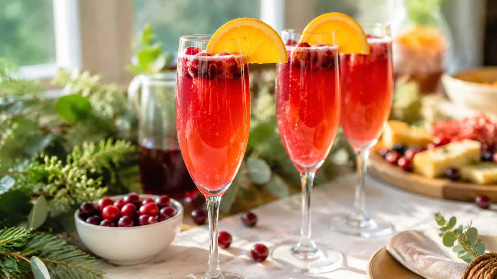 ruby cranberry mimosas in champagne flutes garnished with fresh cranberries and orange slices arranged in a wide horizontal shot on a bright brunch table, greenery and morning light, shallow depth of field, landscape orientation
