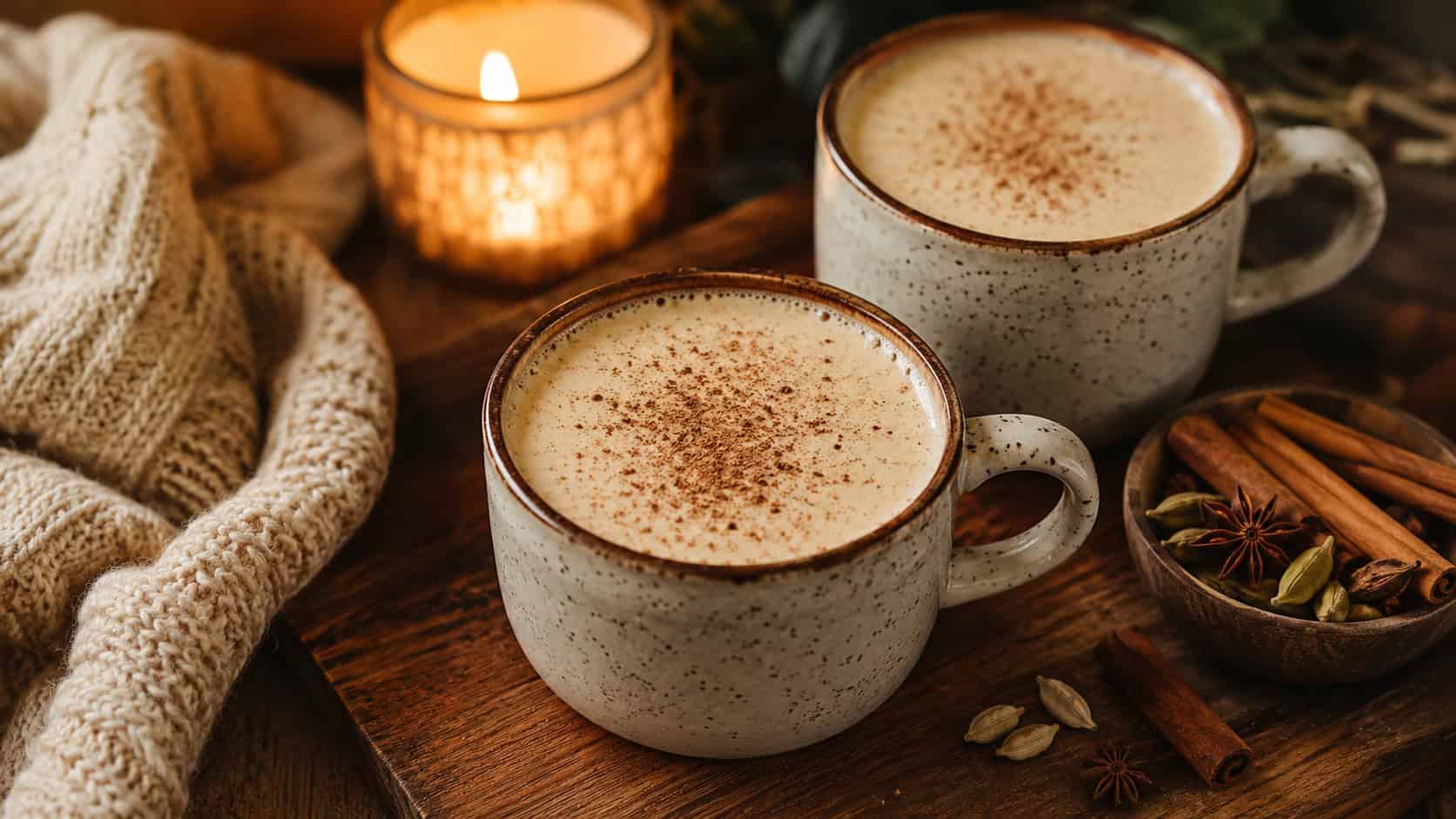 warm chai eggnog in cozy mugs dusted with nutmeg arranged in a wide horizontal shot on a wooden table, chai spices and a knit blanket nearby, warm candlelight, shallow depth of field, landscape orientation