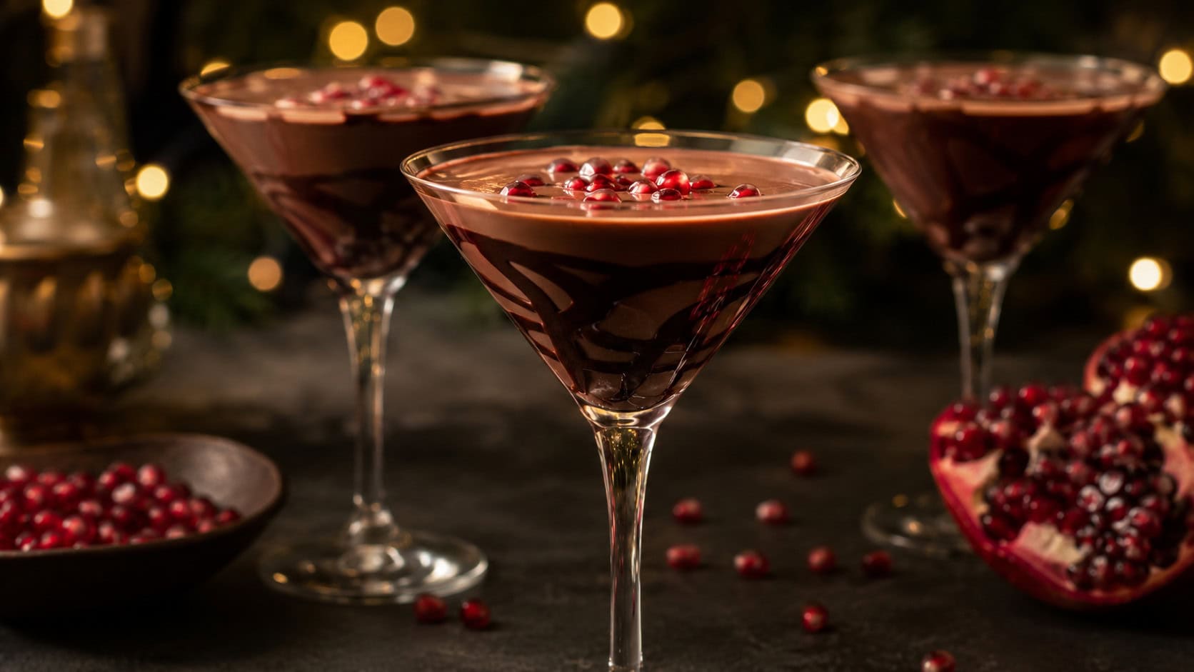 chocolate pomegranate martinis with chocolate-swirled glasses and floating pomegranate seeds arranged in a wide horizontal shot on a dark table, holiday lights glowing softly behind, moody warm light, shallow depth of field, landscape orientation
