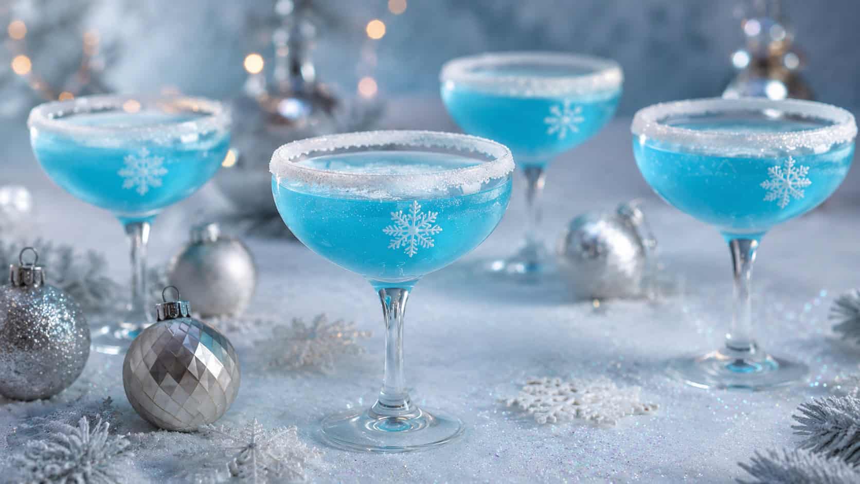 icy blue winter wonderland cocktails with sparkling white sugar rims arranged in a wide horizontal shot on a frosty white surface, silver ornaments and soft glittery light, shallow depth of field, landscape orientation