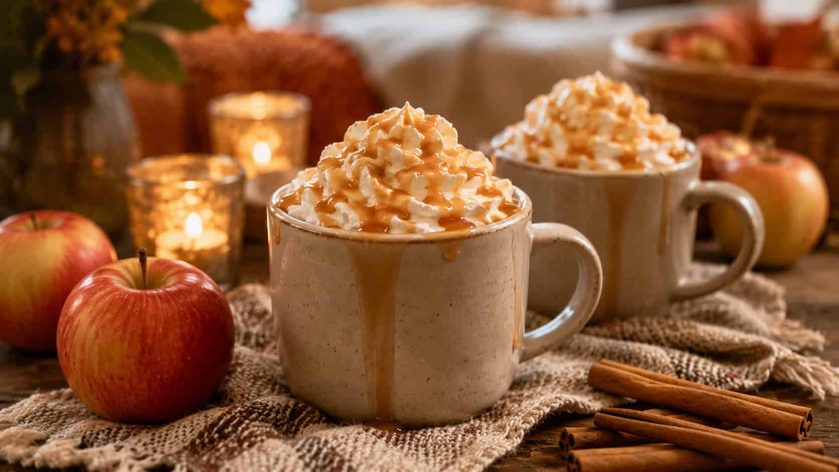 caramel apple cider in mugs topped with whipped cream and caramel drizzle arranged in a wide horizontal shot on a cozy table, apples and cinnamon sticks nearby, warm candlelight, shallow depth of field, landscape orientation