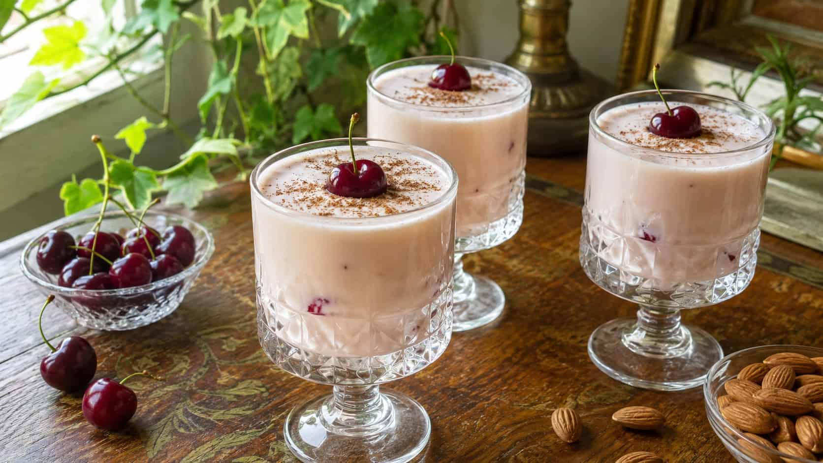 creamy cherry almond milk punch in glasses dusted with nutmeg and garnished with a cherry arranged in a wide horizontal shot on a vintage table, soft warm light and greenery nearby, shallow depth of field, landscape orientation