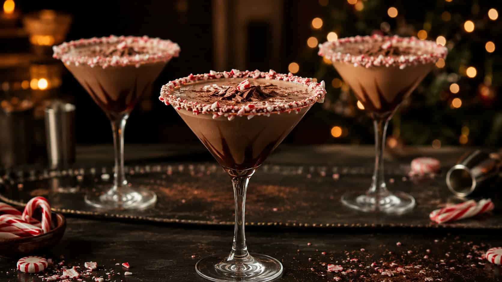 chocolate peppermint mocha martinis with crushed candy cane rims arranged in a wide horizontal shot on a dark table, holiday lights softly glowing in the background, moody warm light, shallow depth of field, landscape orientation