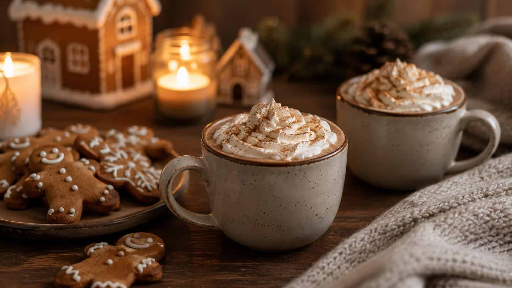 mugs of gingerbread hot chocolate topped with whipped cream and a dusting of cinnamon arranged in a wide horizontal shot on a cozy table, gingerbread cookies and a soft blanket nearby, warm candlelight, shallow depth of field, landscape orientation