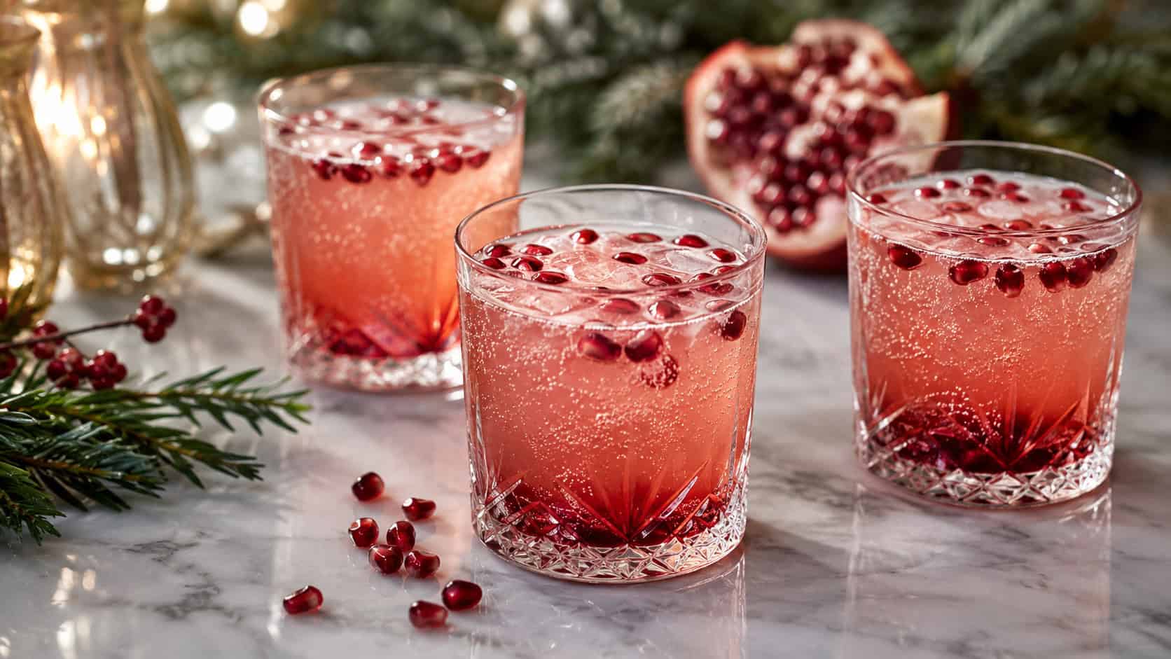 sparkling pomegranate gin fizz cocktails garnished with floating pomegranate seeds arranged in a wide horizontal shot on a marble surface, holiday greenery and soft light in the background, shallow depth of field, landscape orientation