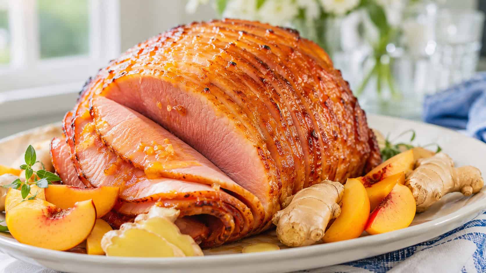 a peach-glazed ham with a shiny golden surface on a wide serving platter in a wide horizontal shot, sliced peaches and fresh ginger alongside, bright cheerful natural light, shallow depth of field, landscape orientation