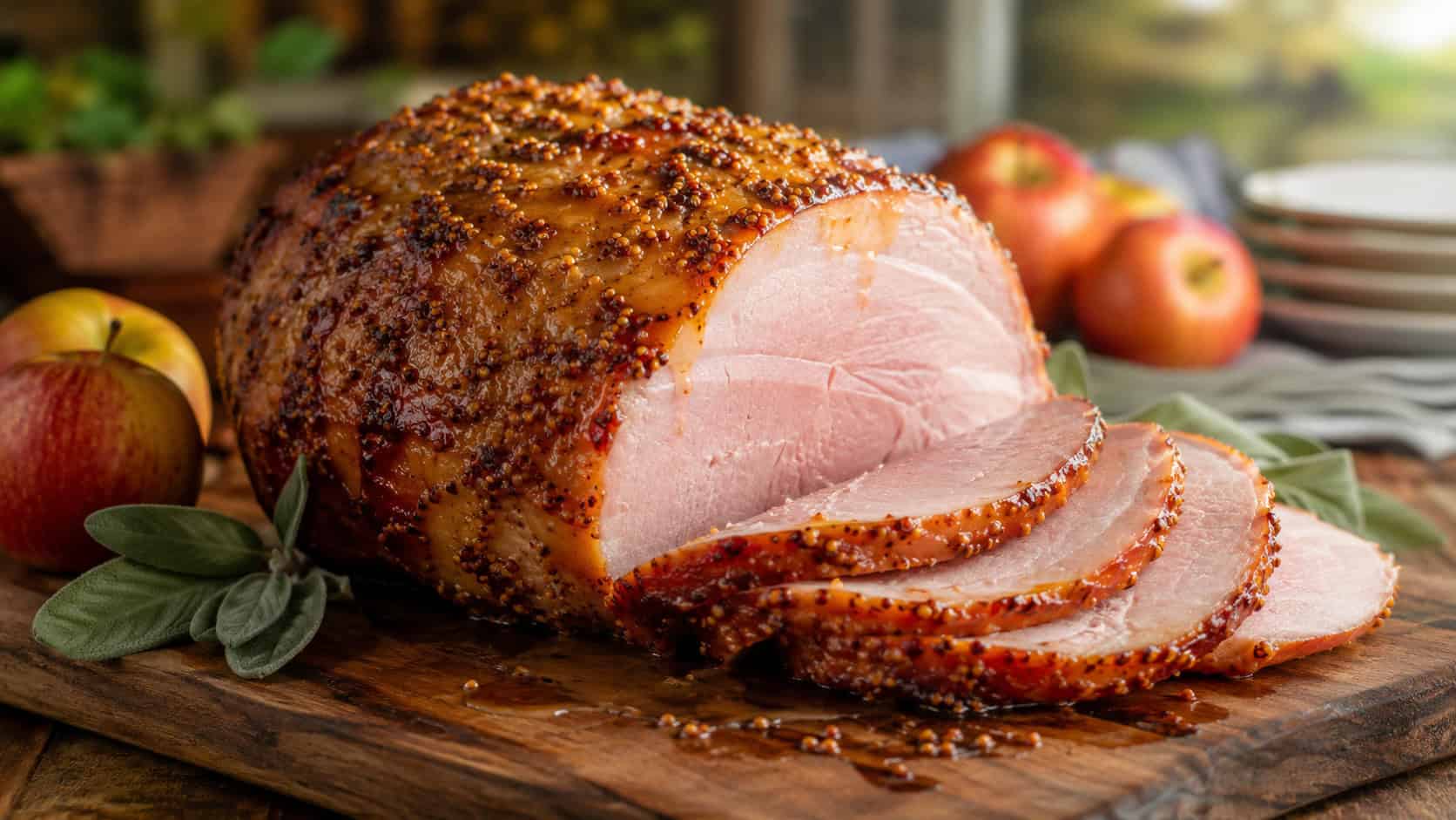 a cider and mustard glazed ham with visible mustard seeds on a rustic wooden board in a wide horizontal shot, deep golden surface, apples and sage leaves nearby, warm natural light, shallow depth of field, landscape orientation