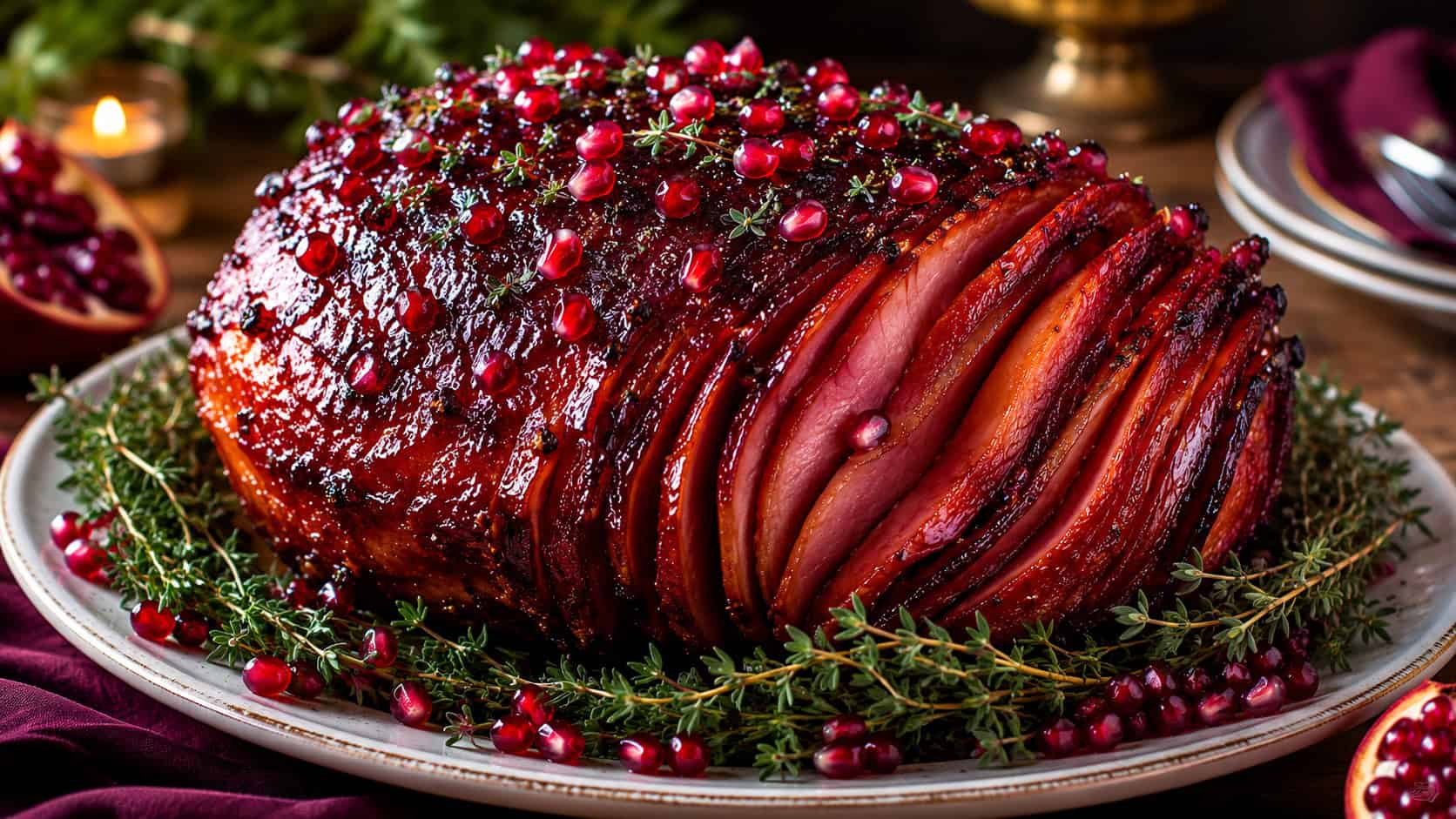 a deeply glazed ham scattered with ruby pomegranate seeds and thyme on an elegant platter in a wide horizontal shot, glossy dark-red surface, fresh thyme sprigs around the edge, moody natural light, shallow depth of field, landscape orientation