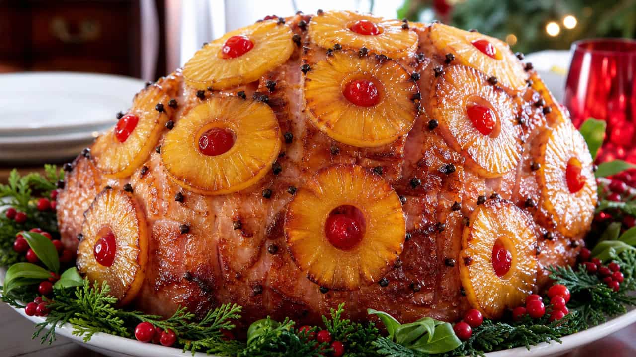a golden ham studded with caramelized pineapple rings and cherries on a festive platter in a wide horizontal shot, glossy honey glaze, holiday greenery around the edges, warm inviting natural light, shallow depth of field, landscape orientation