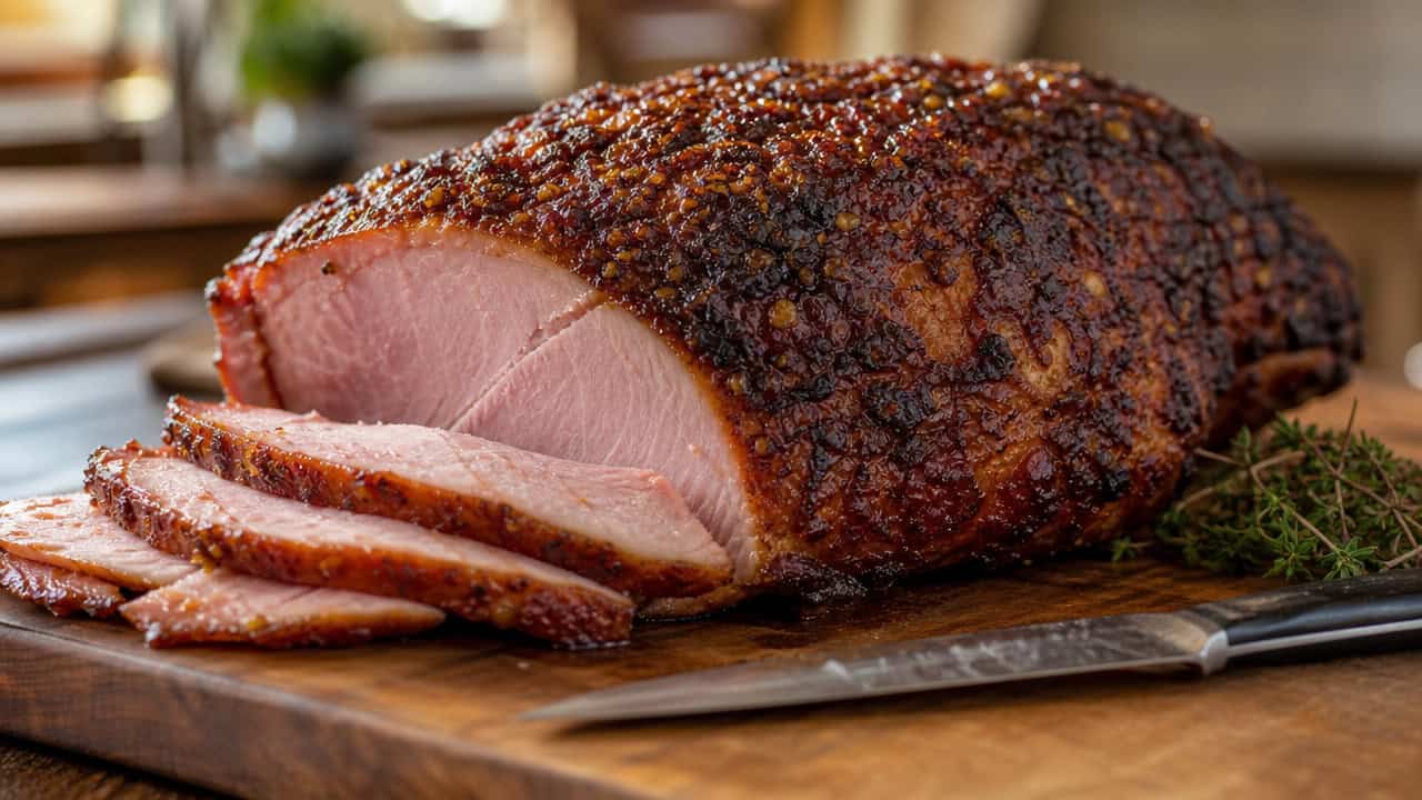 a ham with a deeply browned sugar and mustard crust resting on a wooden carving board in a wide horizontal shot, crackly caramelized surface, a carving knife and thyme nearby, warm natural light, shallow depth of field, landscape orientation