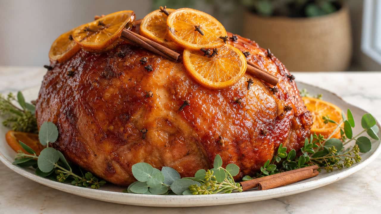 a citrus-glazed ham topped with orange slices and cinnamon sticks on a ceramic platter in a wide horizontal shot, shiny amber glaze, scattered cloves and greenery, bright natural light, shallow depth of field, landscape orientation