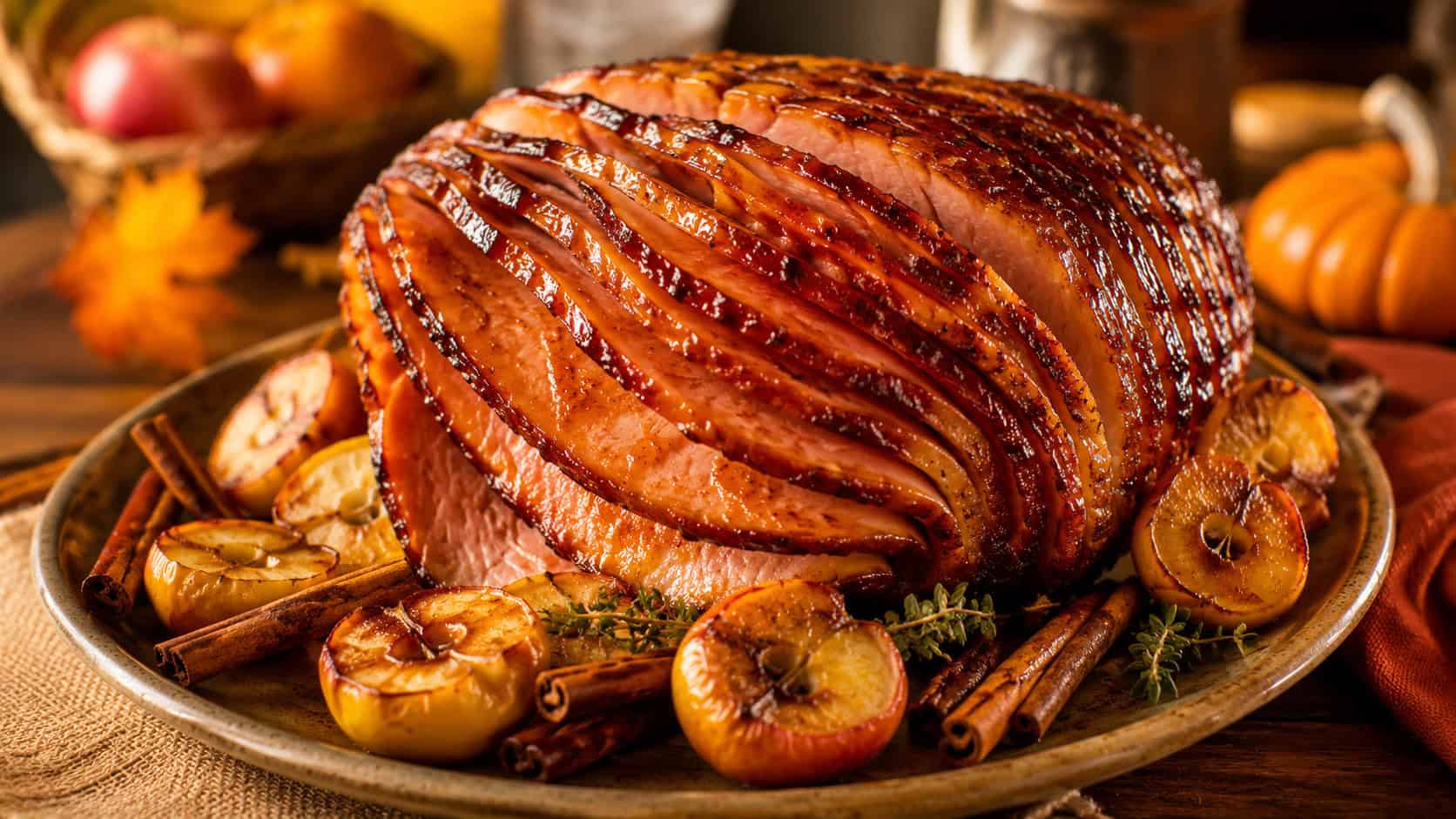 an apple cider glazed ham surrounded by roasted apple halves and cinnamon sticks on a rustic platter in a wide horizontal shot, glossy amber surface, cozy autumn table, warm natural light, shallow depth of field, landscape orientation