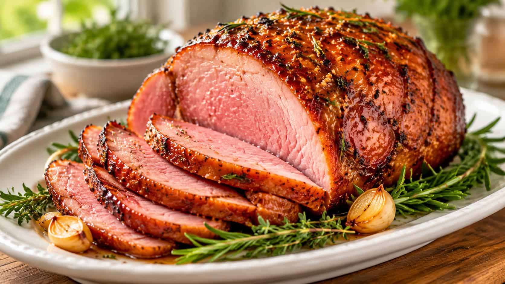 a herb-buttered ham flecked with rosemary and thyme on a white serving platter in a wide horizontal shot, golden glistening surface, sprigs of fresh herbs and garlic cloves nearby, soft natural light, shallow depth of field, landscape orientation