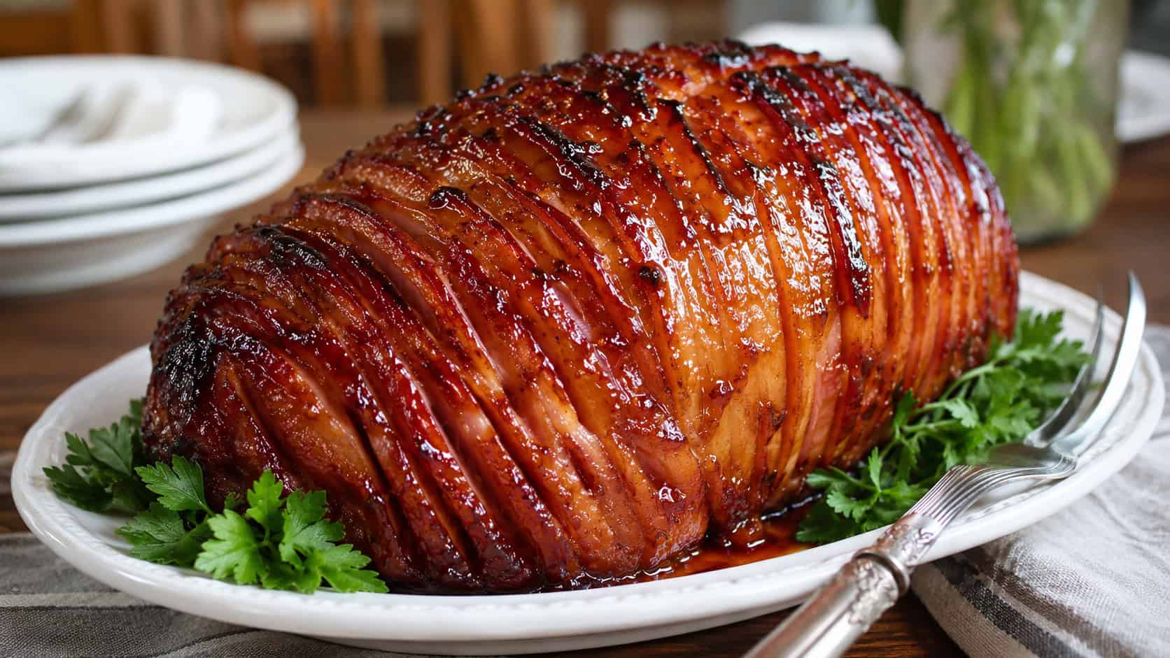 a glossy mustard and brown sugar glazed ham on a simple white platter in a wide horizontal shot, deep golden caramelized surface, a few sprigs of parsley and a carving fork nearby, warm natural light, shallow depth of field, landscape orientation
