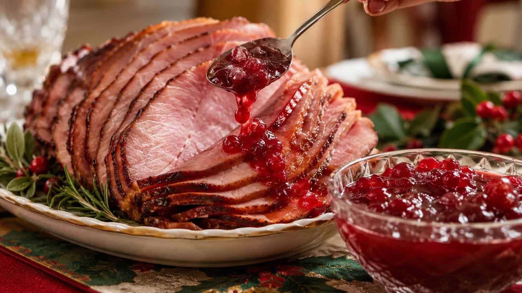 sliced holiday ham fanned on a platter beside a bowl of glossy ruby cherry sauce in a wide horizontal shot, juicy red sauce being spooned over, festive table linens, warm natural light, shallow depth of field, landscape orientation