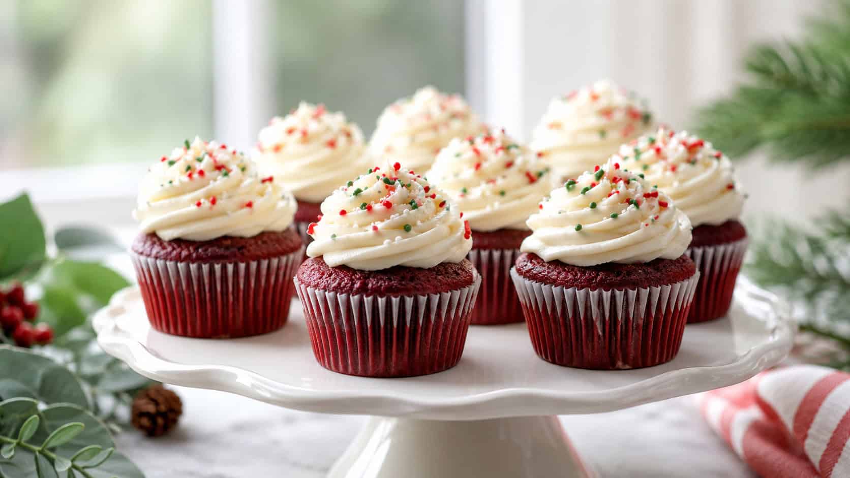 red velvet cupcakes with swirled cream cheese frosting and festive sprinkles arranged in a wide horizontal shot on a white cupcake stand, holiday greenery nearby, bright natural light, shallow depth of field, landscape orientation