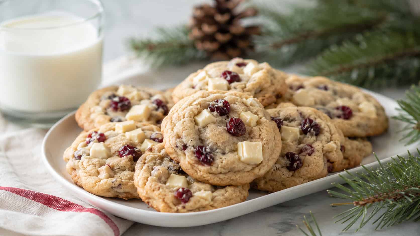 soft cookies dotted with white chocolate chunks and red cranberries arranged in a wide horizontal shot on a white plate, a glass of milk and pine sprigs nearby, bright natural light, shallow depth of field, landscape orientation
