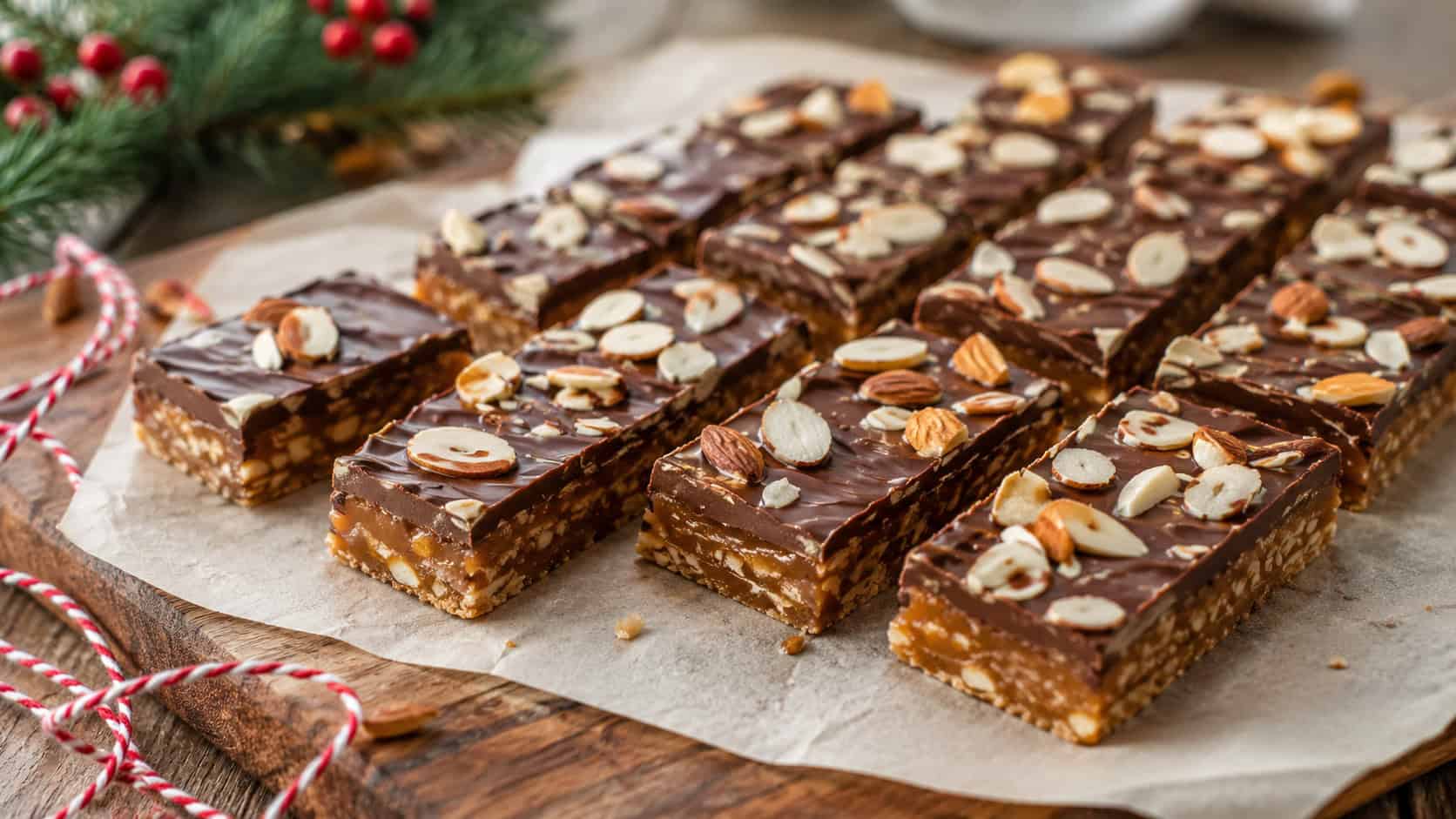 almond toffee bars topped with melted chocolate and toasted almonds arranged in a wide horizontal shot on parchment over a wooden board, holiday twine and greenery nearby, soft natural light, shallow depth of field, landscape orientation