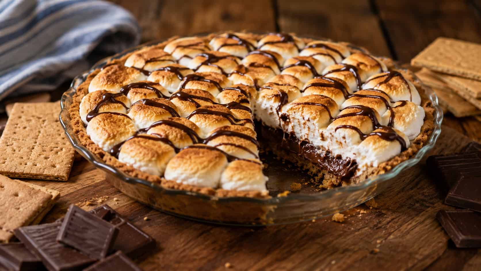 a s'mores pie with golden toasted marshmallow topping and chocolate drizzle, one slice cut, arranged in a wide horizontal shot on a wooden board, graham crackers and chocolate nearby, warm natural light, shallow depth of field, landscape orientation