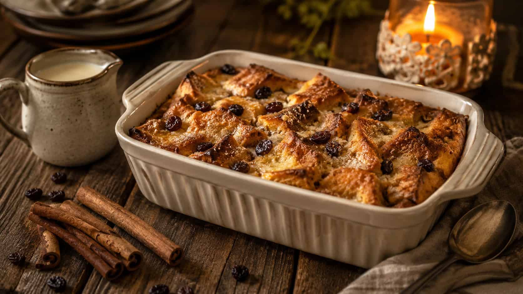 warm rum raisin bread pudding in a baking dish with a golden top arranged in a wide horizontal shot on a rustic table, a jug of cream and cinnamon sticks nearby, warm candlelight, shallow depth of field, landscape orientation