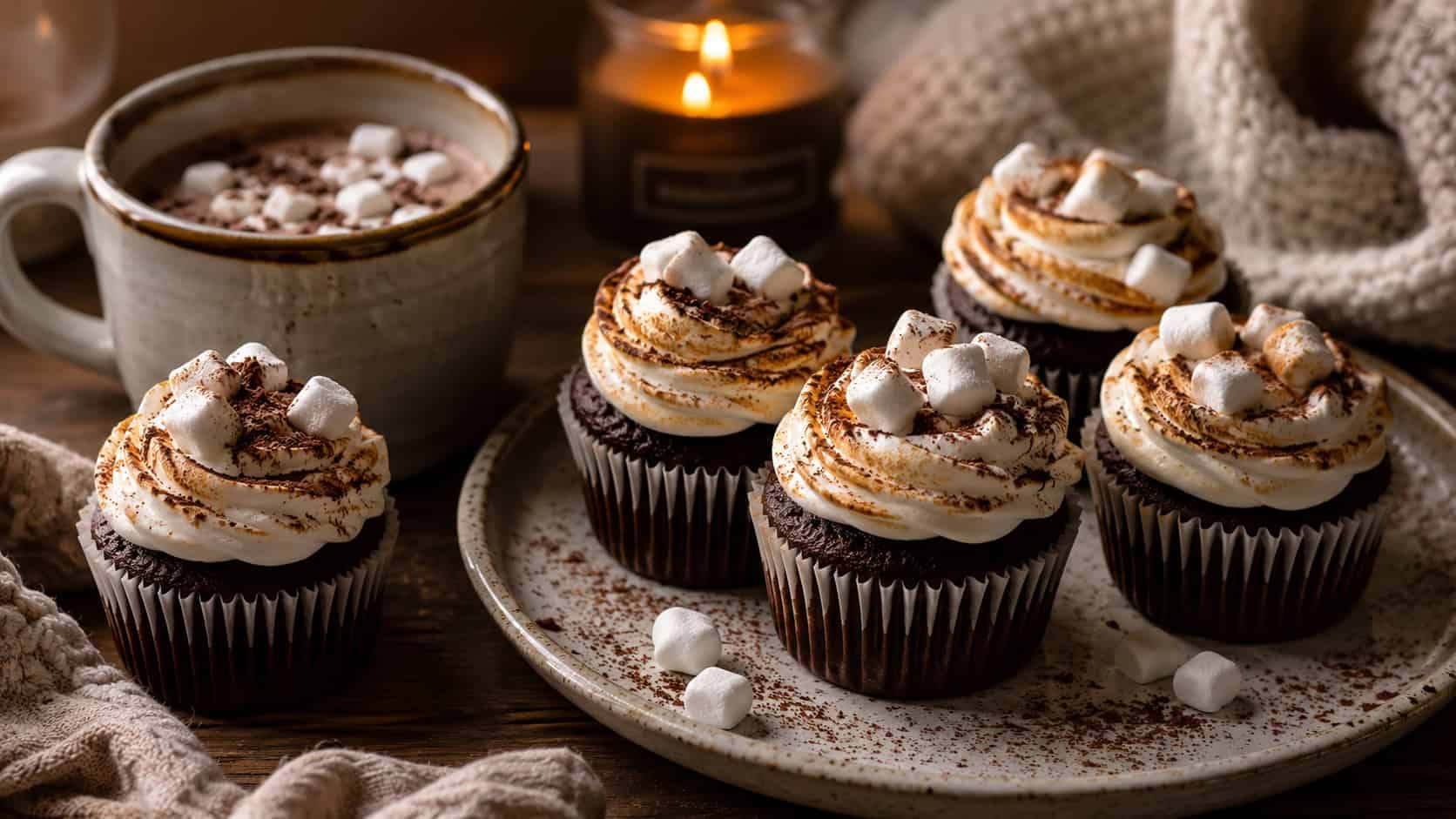 hot cocoa cupcakes with toasted marshmallow frosting and mini marshmallows arranged in a wide horizontal shot on a cozy table, a mug of cocoa and a knit blanket nearby, warm candlelight, shallow depth of field, landscape orientation