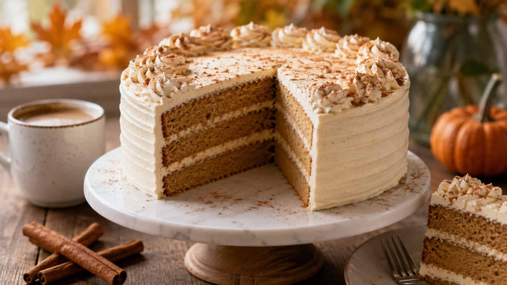 a frosted pumpkin spice latte layer cake with a slice cut showing the layers arranged in a wide horizontal shot on a cake stand, cinnamon sticks and a coffee cup nearby, warm natural light, shallow depth of field, landscape orientation