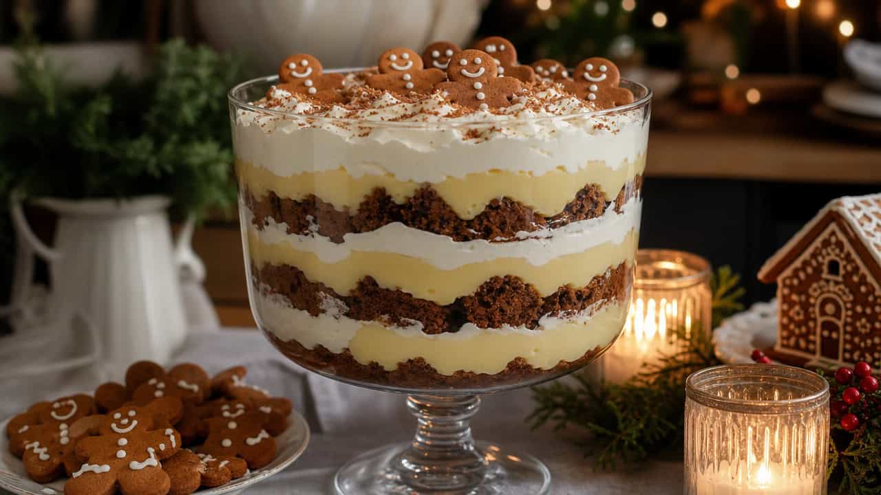a layered gingerbread trifle in a tall glass bowl showing spice cake, custard, and cream arranged in a wide horizontal shot on a festive table, gingerbread cookies and candles nearby, warm natural light, shallow depth of field, landscape orientation