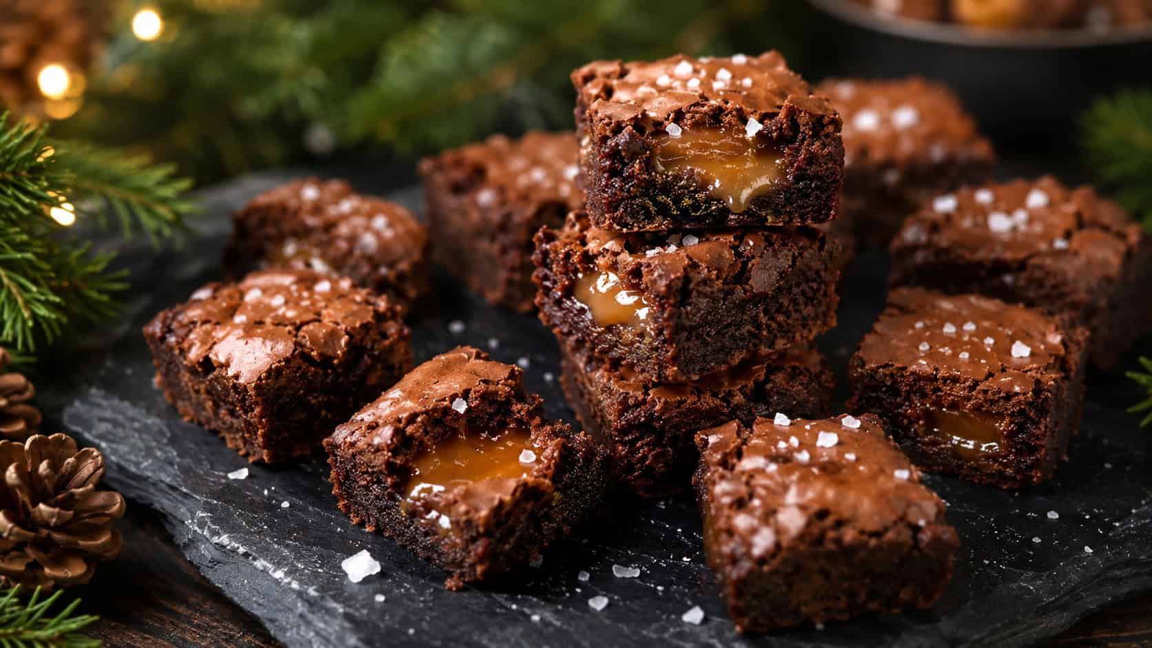 salted caramel brownie bites with gooey caramel centers and flaky salt arranged in a wide horizontal shot on a dark slate board, holiday greenery nearby, moody warm light, shallow depth of field, landscape orientation